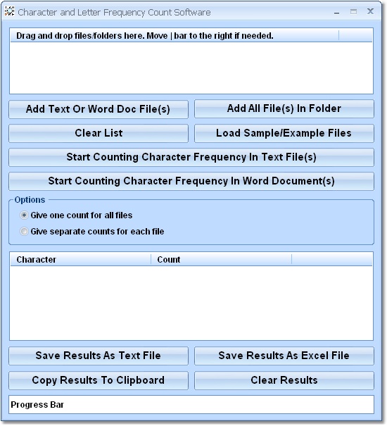 Screenshot of Character (Letter) Frequency Count Software