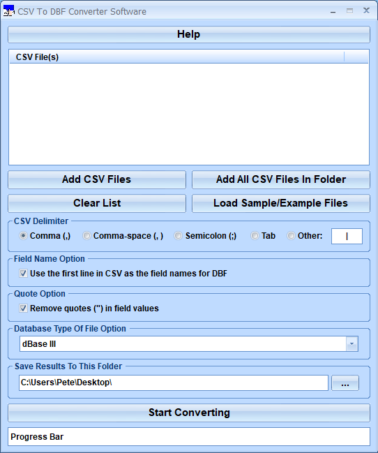 Convert one of many CSV (comma-separated values) files to DBF files.