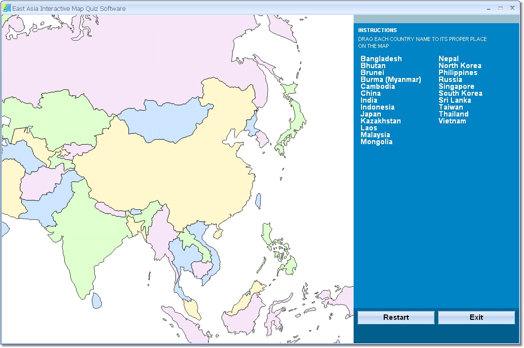 Drag and drop the country names of East Asia correctly onto the map.