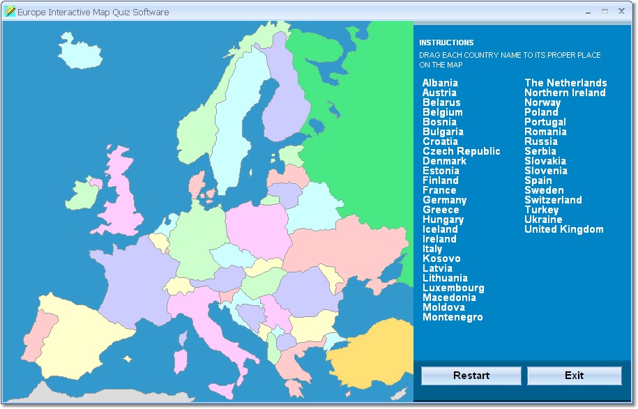 Drag and drop the country names of Europe correctly onto the map.