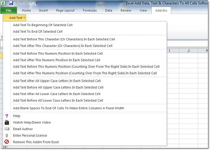 Screenshot of Excel Add Data & Text To All Cells Software