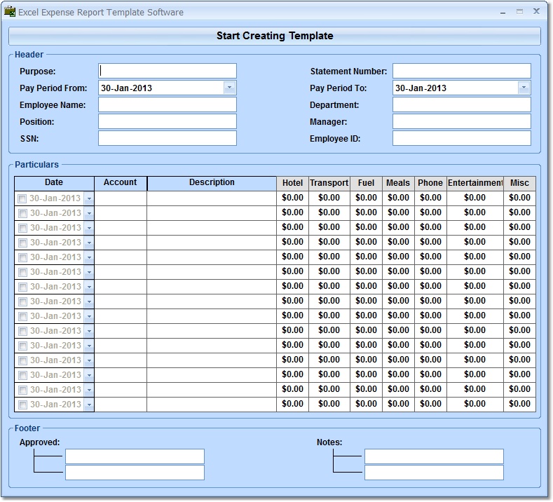 Create expense report templates in MS Excel. Excel 2000 or higher required.