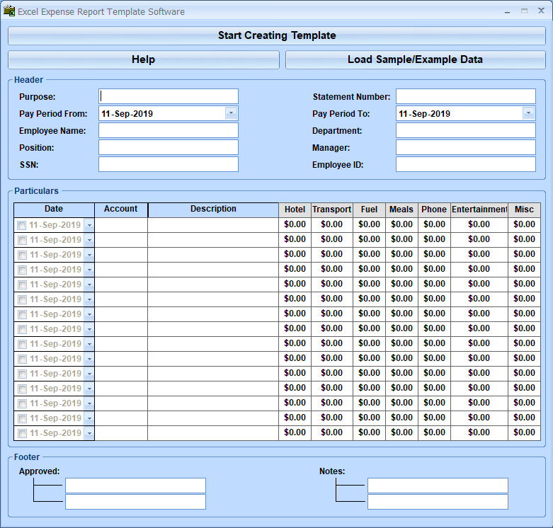 Excel Expense Report Template Software 7.0 screenshot