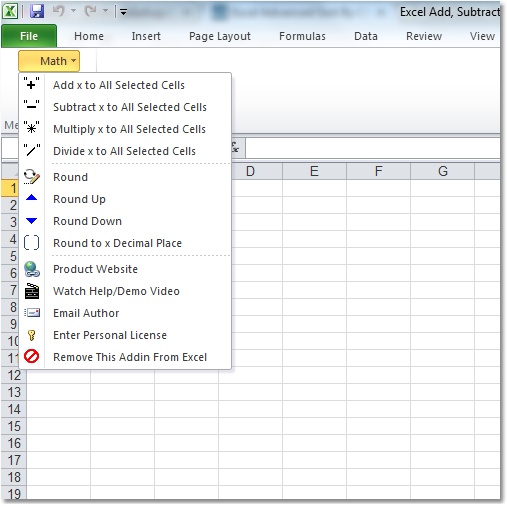Apply math operations to selected Excel cells.