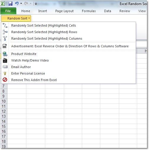 Screenshot of Excel Random Sort Order of Cells, Rows & Columns Software