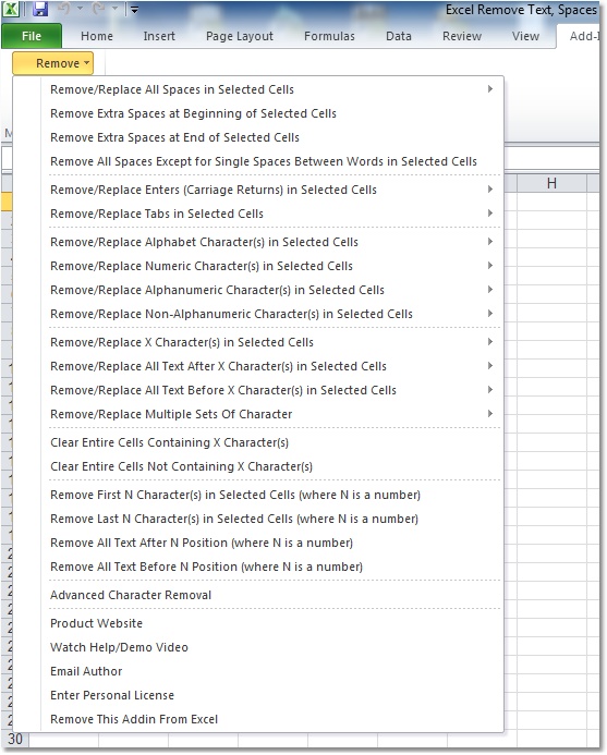 Screenshot of Excel Remove (Delete) Text, Spaces & Characters From Cells Software 1.1