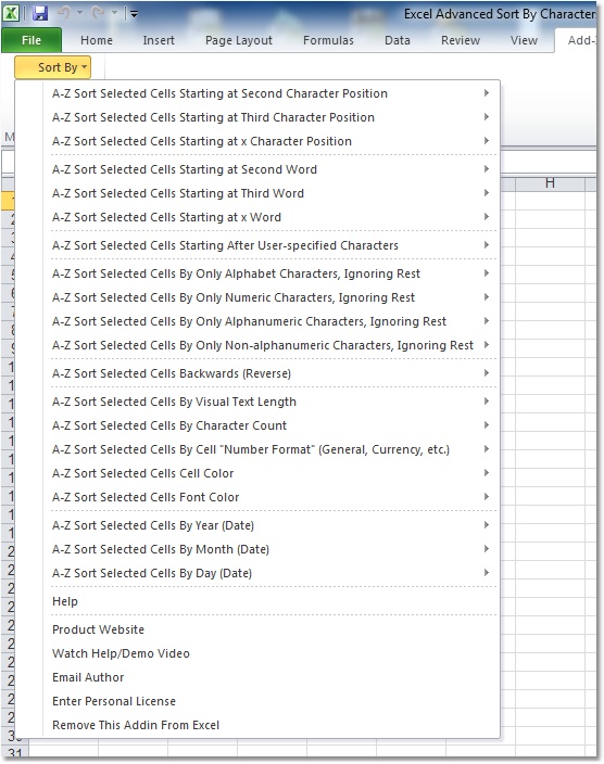 Screenshot of Excel Advanced Sort By Characters, Position, Length, Color, Dates Software