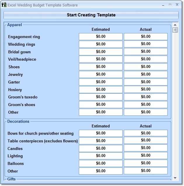 Create a wedding budget of estimated and actual expenses in MS Excel.