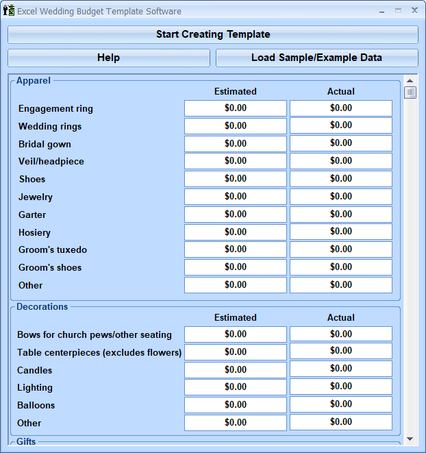 Excel Wedding Budget Template Software 7.0 screenshot