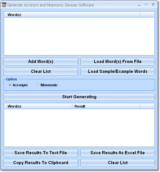 Generate Acronym and Mnemonic Devices Software screen shot