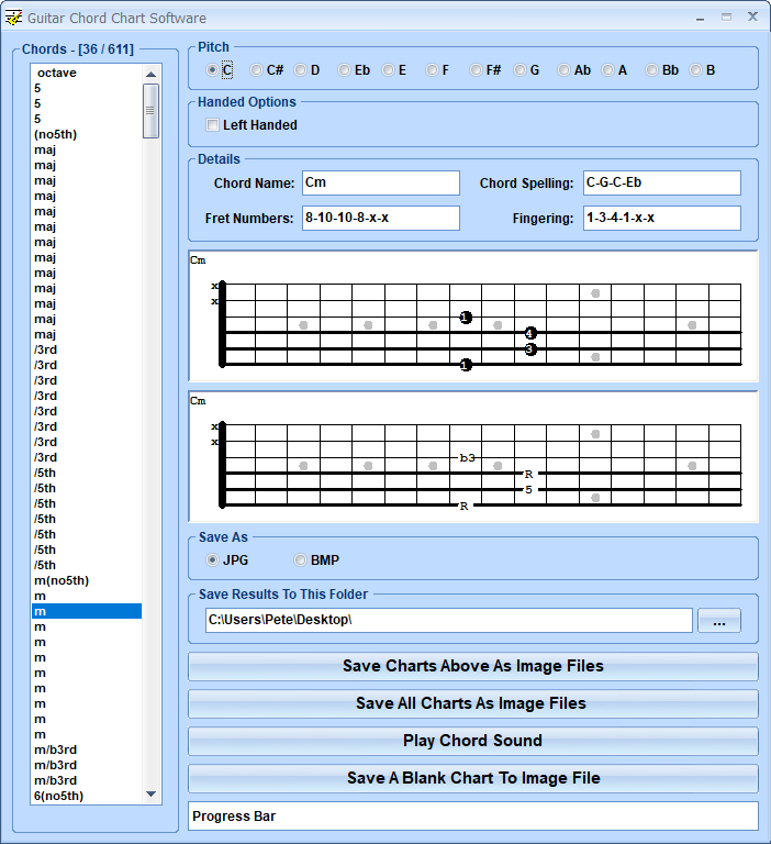 This software offers a solution to users who want a database of all guitar chords. The user simply chooses chord and pitch and the corresponding chart is displayed. These charts can be saved as a JPG or BMP image.