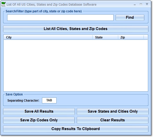 List Of All US Cities, States and Zip Codes Databa screen shot