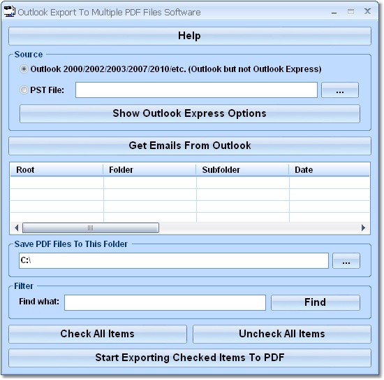 Click to view Outlook Export To Multiple PDF Files Software 7.0 screenshot