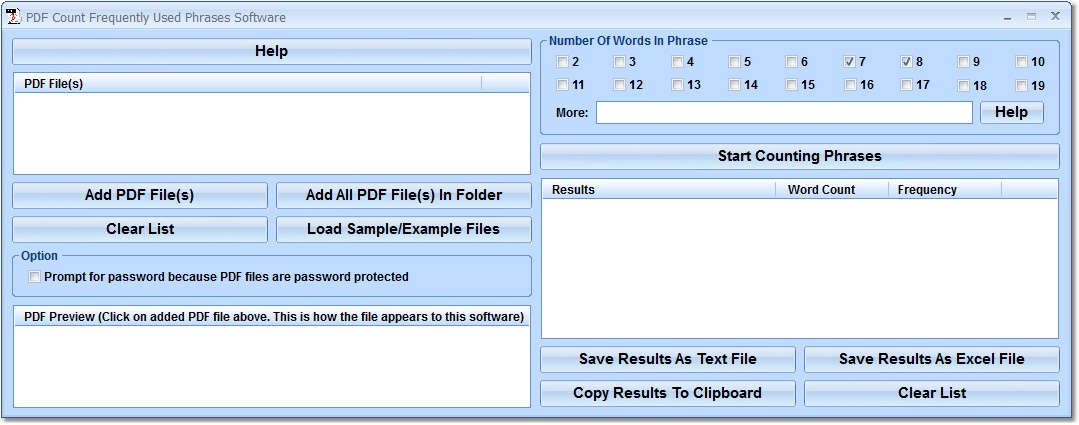 Count the number of times specified phrases occur in multiple PDF files.