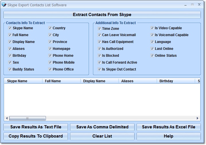 Skype Export Contacts List Software screen shot