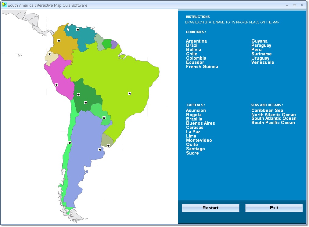 Drag and drop the country names of South America correctly onto the map.