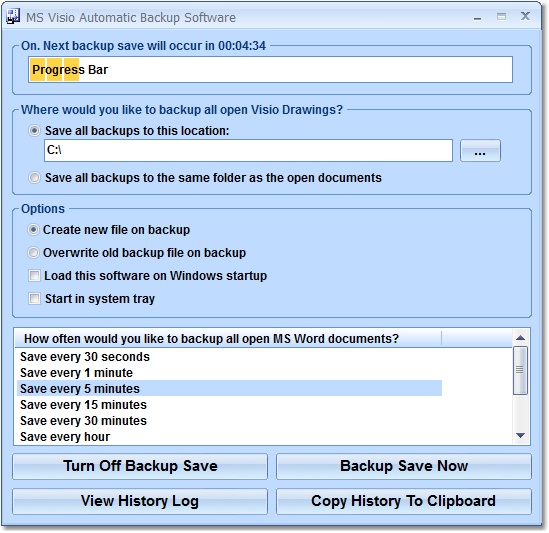 Automatically save all open MS Visio VSD/VSDX files to a separate backup file.