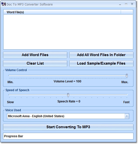 Convert one or more MS Word files to MP3s. Word 2000 or higher required.