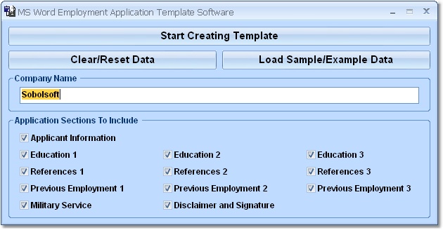 MS Word Employment Application Template Software screen shot