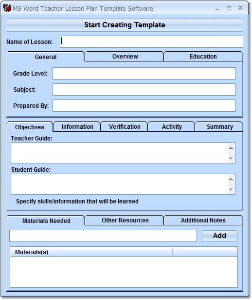 Create lesson plan templates in MS Word. Word 2000 or higher required.