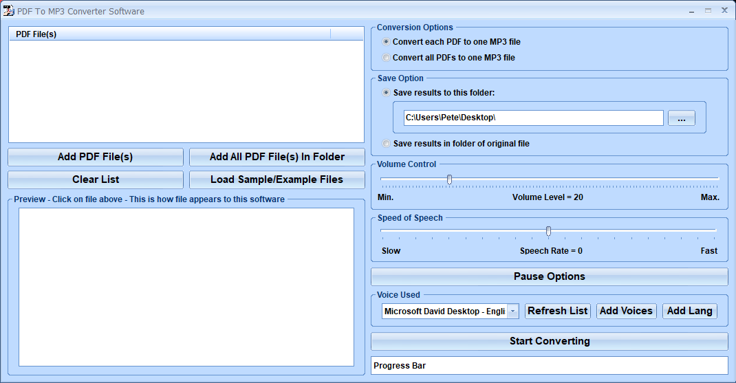 screenshot of pdf-to-mp3-converter-software