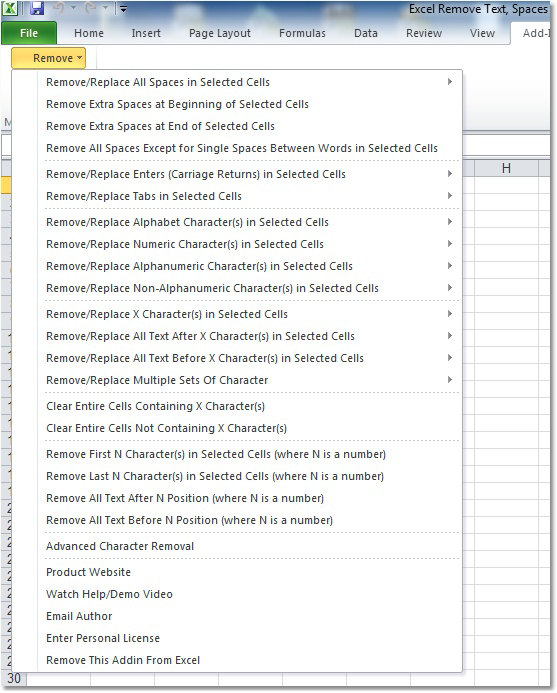 screenshot of excel-remove-text,-spaces-and-characters-from-cells-software