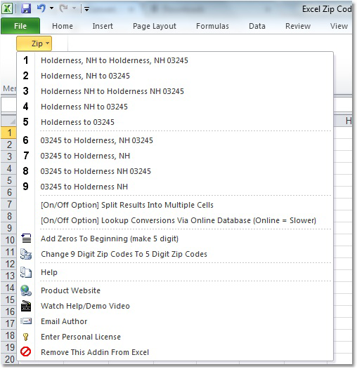 screenshot of excel-zip-codes-convert,-lookup-and-format-software