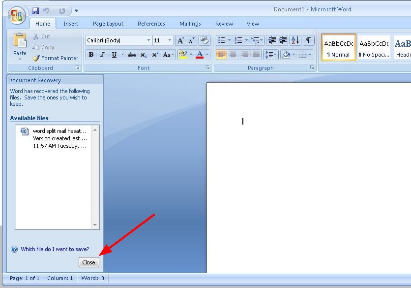 word document recovery close button
