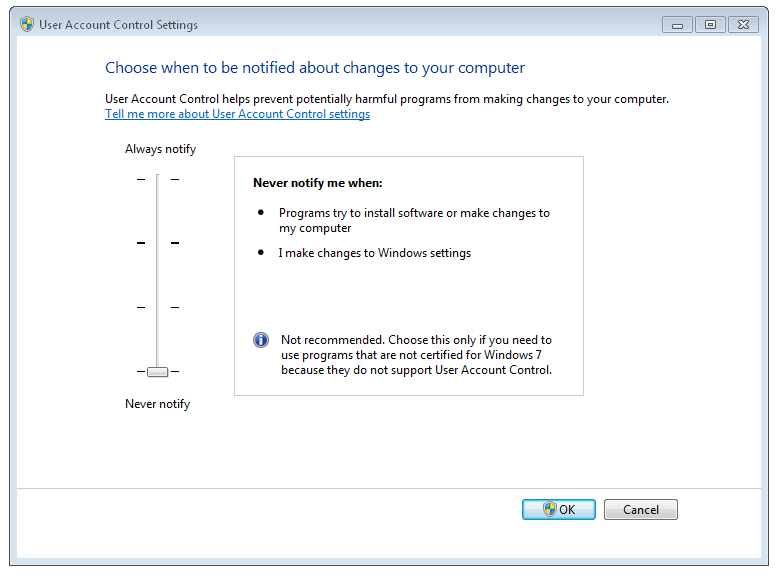 never notify uac